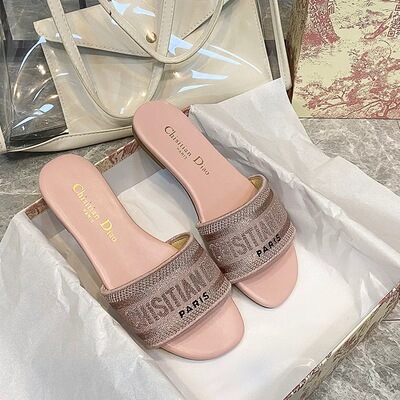 CHISITIAN DIAO拖鞋女夏季外穿平底真皮一字拖百搭d家字母凉拖鞋