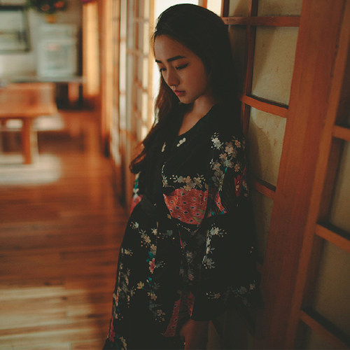 仿真丝暗黑睡袍印花开衫和服日式