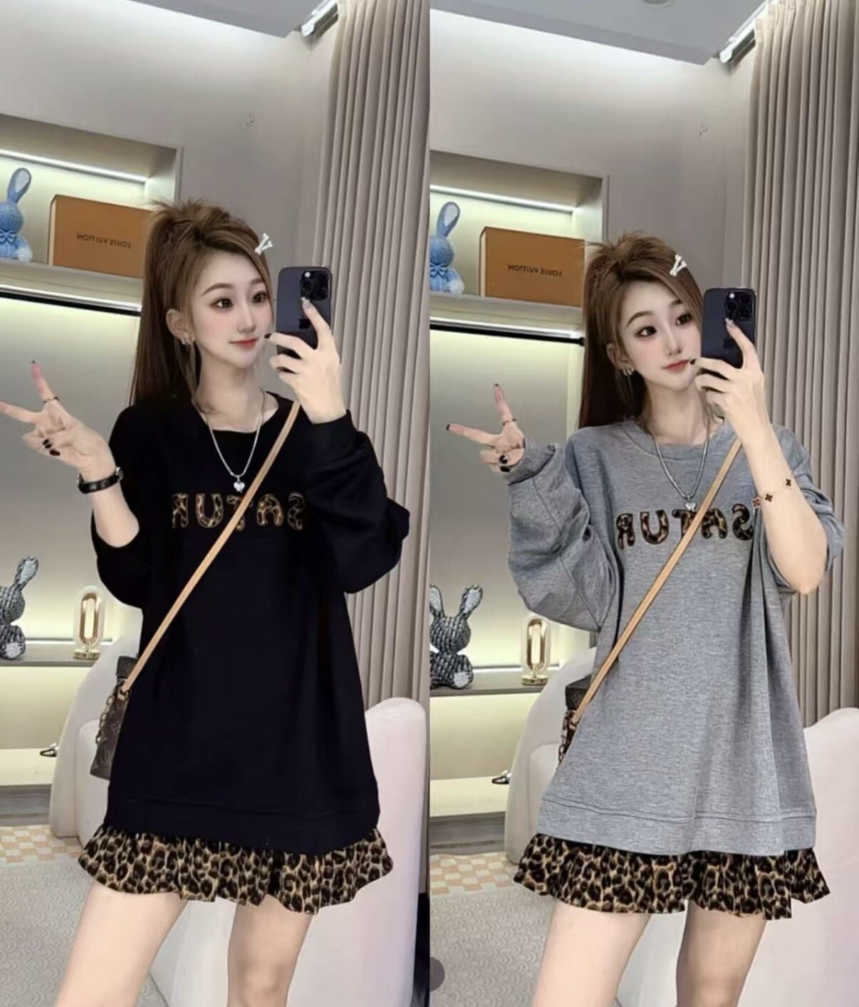 小众设计感豹纹拼接假两件卫衣裙大码女装胖妹妹显瘦中长款连衣裙