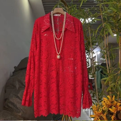 大码女装胖mm翻领微喇袖口蕾丝小衫韩版秋款名媛风上衣遮臀蕾丝衫