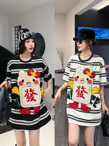 大码女装胖mm条纹猫咪短袖T恤女新款圆领半袖上衣宽松遮臀大t裙女