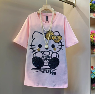 显瘦大T恤衫 2026春季 中长款 t恤女宽松韩版 亮片卡通凯蒂猫印花短袖