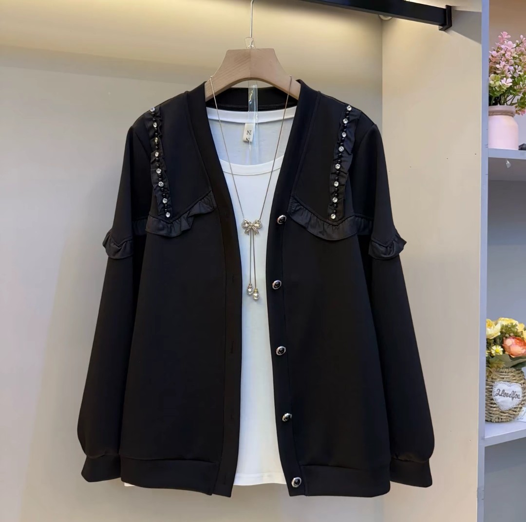 2025秋季新款女装黑色长袖V领开衫外套钉珠钉钻工艺飞边气质外衣,女装/女士精品,常规大码外套,淘宝优惠券,粉丝福利购,淘宝优惠卷