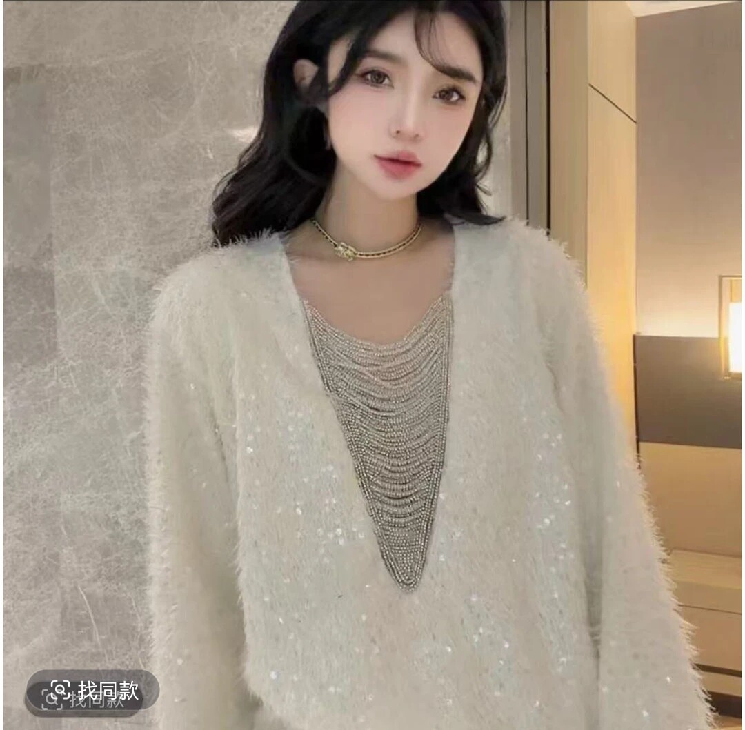 欧货高品质重工串珠亮片V领长袖洋气大衫韩版中长遮臀大衫上衣潮t