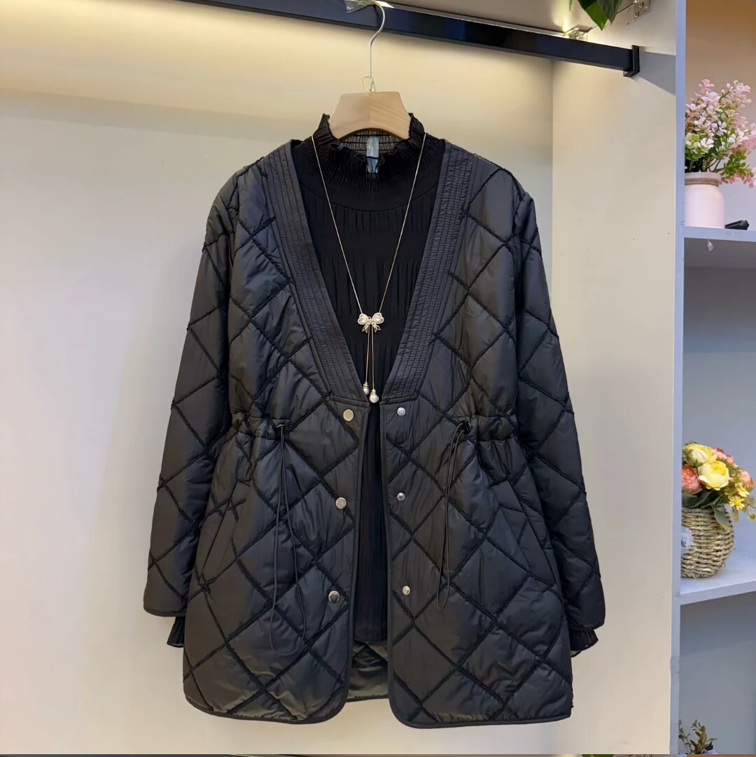 秋冬时尚V领菱形格棉服外套女气质百搭韩版抽绳收腰中长款棉衣女