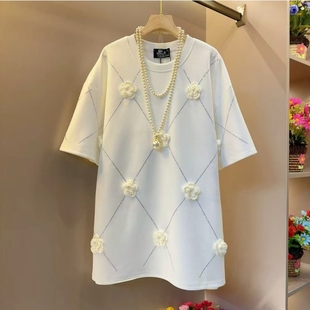 遮肉下衣失踪遮臀T恤裙 宽松韩版 圆领毛线花朵烫钻短袖 T恤女中长款