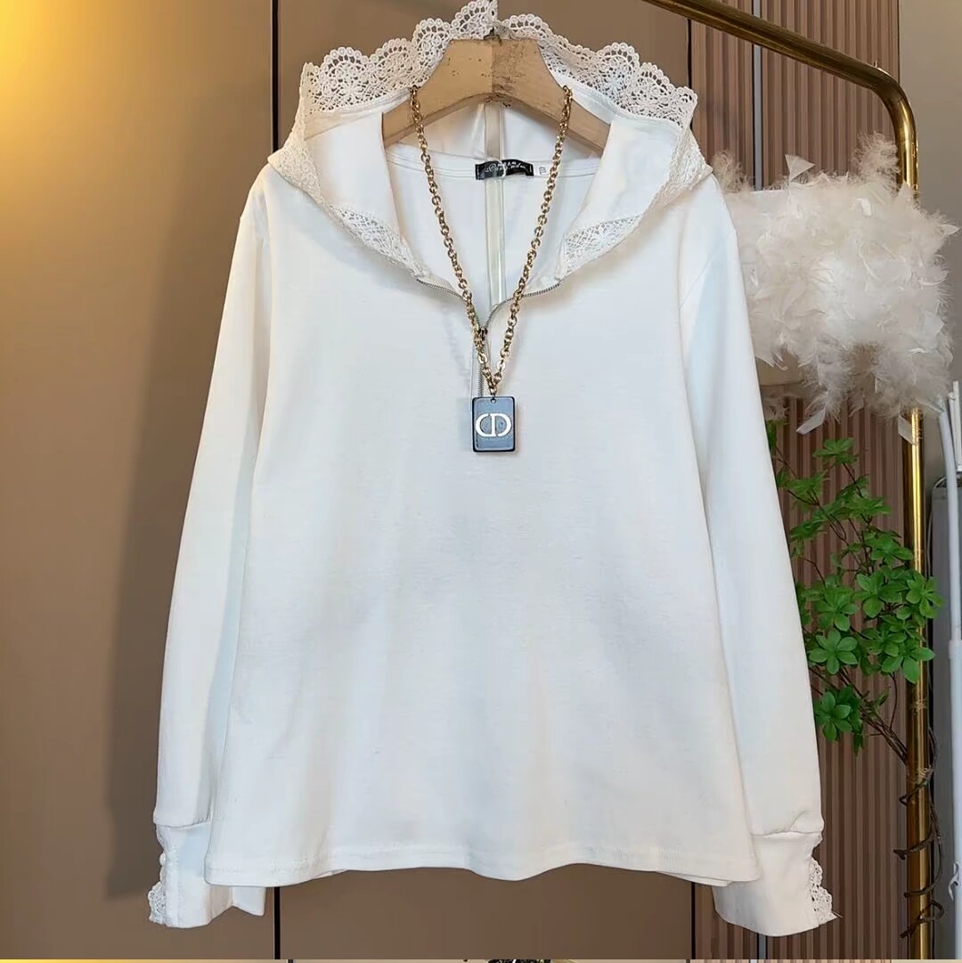 2026春季新款时尚连帽蕾丝拼接长袖T恤女宽松百搭休闲上衣潮t帽衫