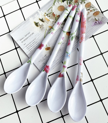 白色印花长把婴儿勺  宝宝餐具儿童塑胶勺子安全汤匙 义乌小商品