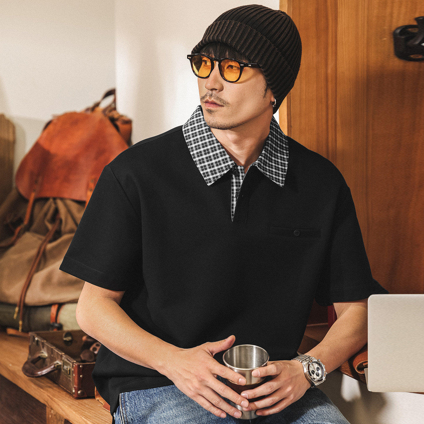 美式复古假两件格纹Polo衫男夏季短袖男款260g重磅宽松潮牌t恤男