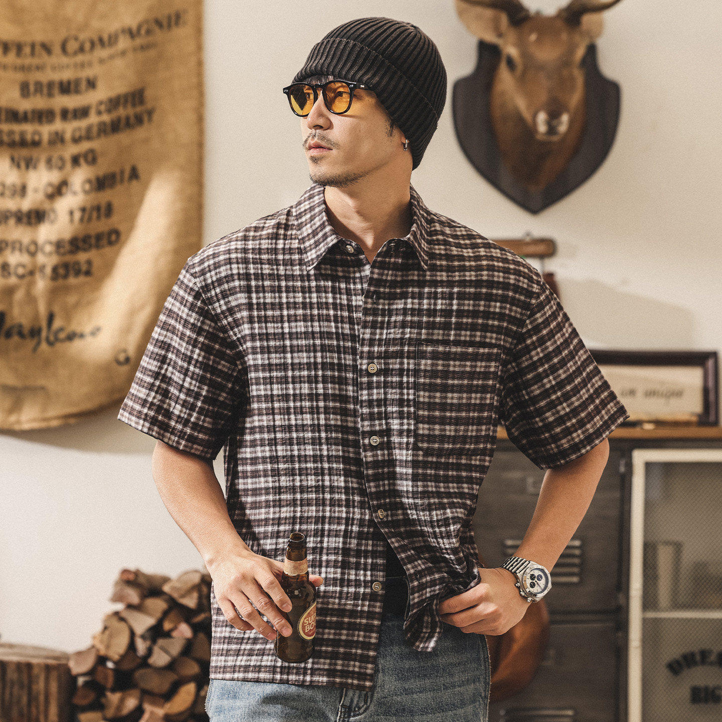 美式复古莱赛尔格子衬衫男短袖夏季薄款潮牌男装宽松半袖男士衬衣