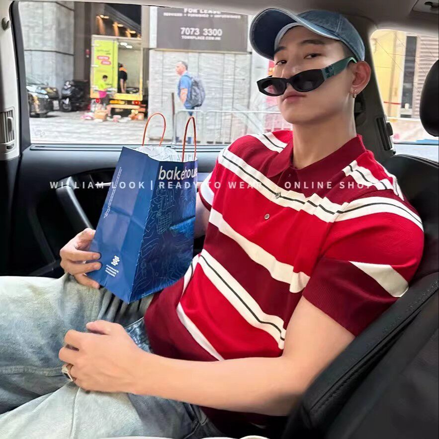 老钱风半拉链短袖POLO衫男撞色夏季针织条纹翻领薄款透气休闲T恤