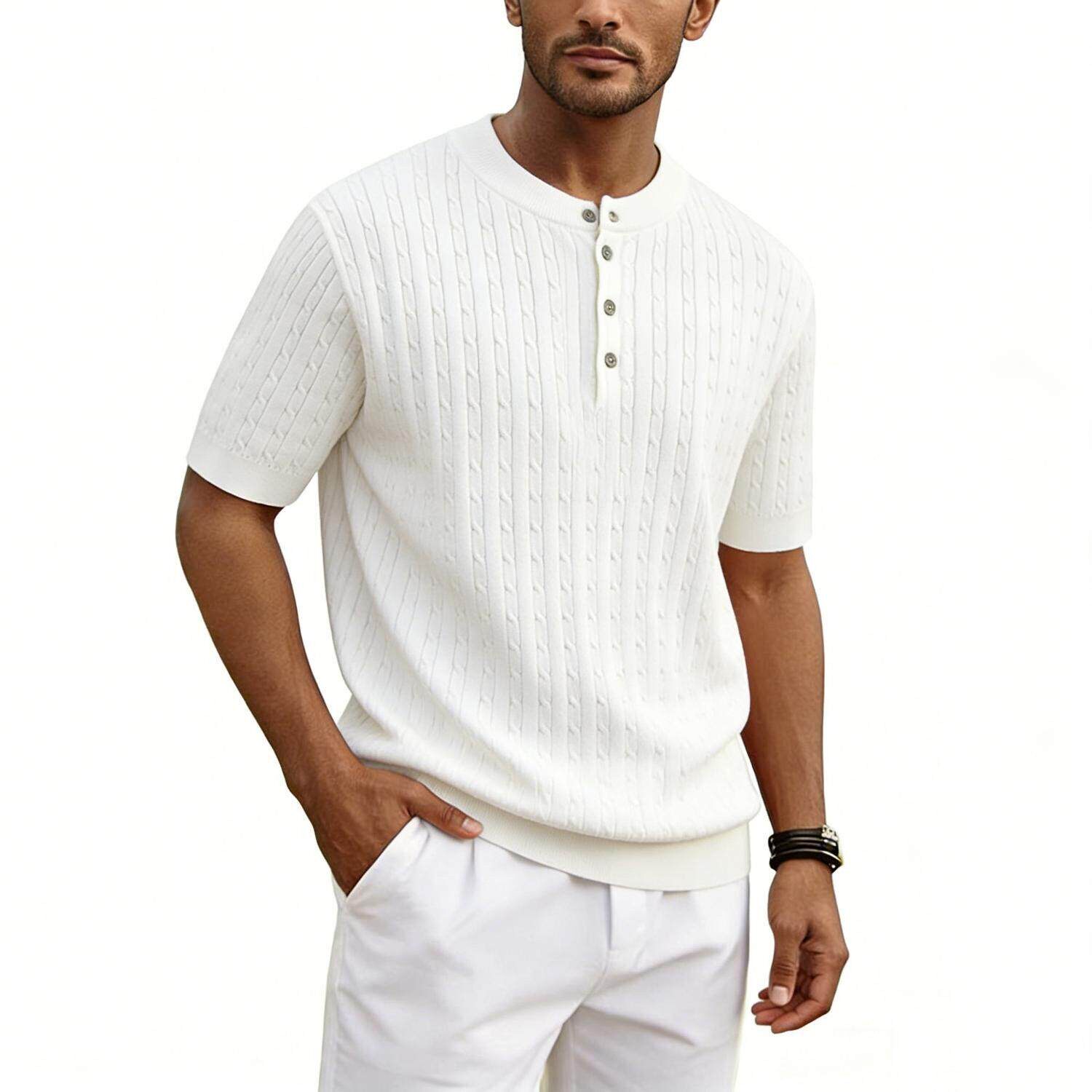 亨利领针织衫短袖T恤男麻花扭花老钱风2026新款夏季休闲大码男衫