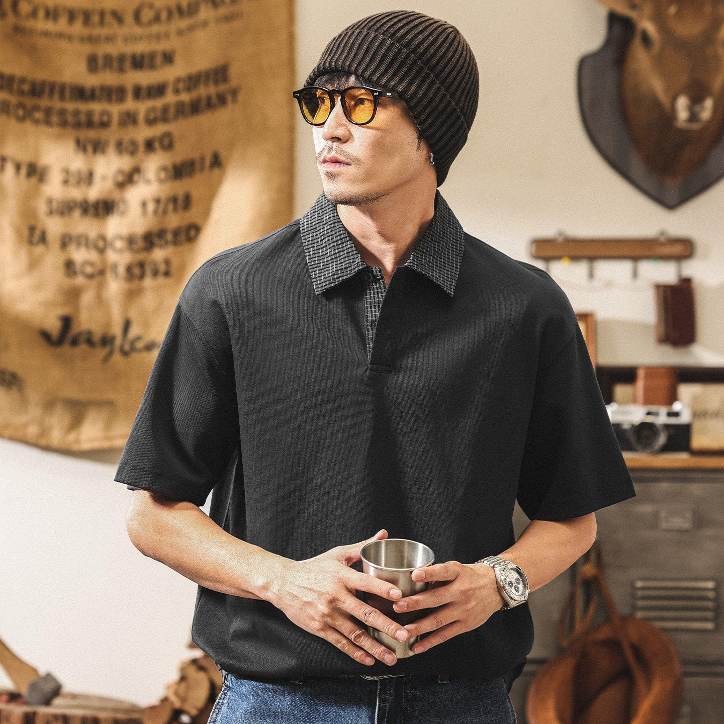 美式复古假两件拼接短袖Polo衫男款春季潮牌衬衫领宽松半袖t恤男