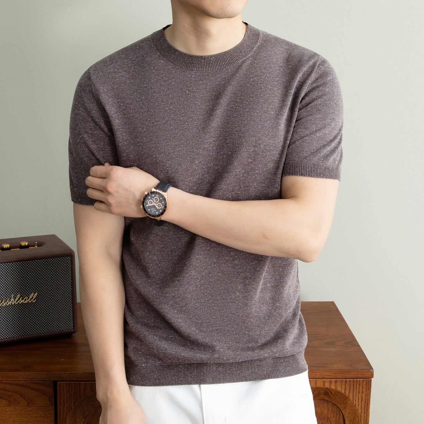 冰丝薄款男士短袖针织衫2026春季新款时尚休闲圆领毛衣半袖打底衫