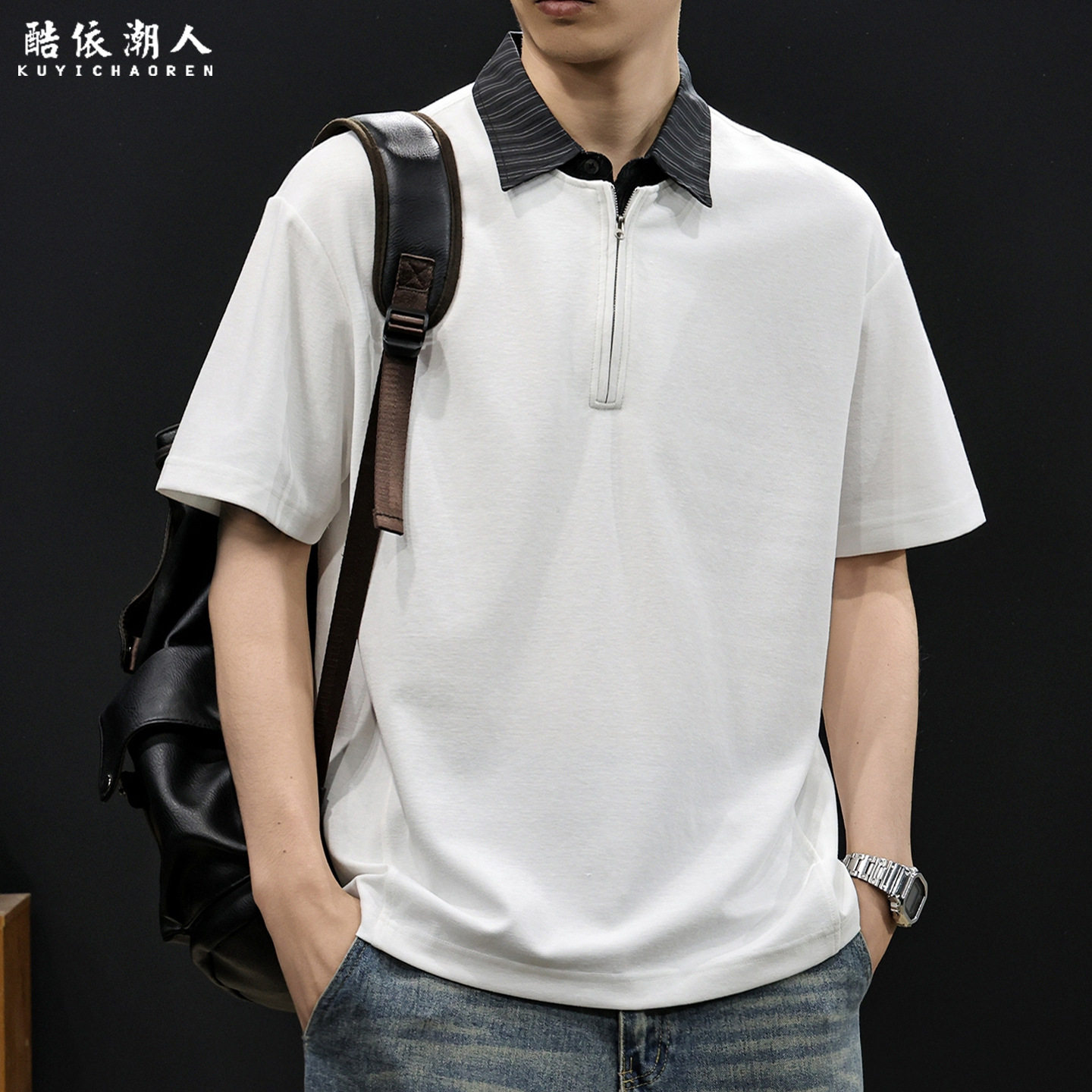 美式撞色休闲半拉链polo衫男士短袖T恤宽松大码高级感2026新款夏