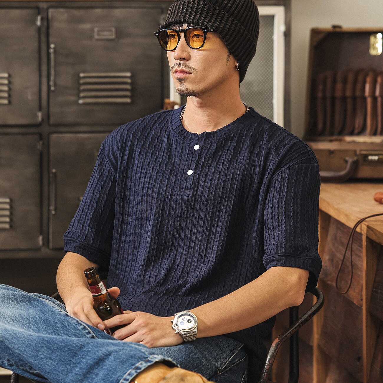 美式复古老钱风亨利领短袖Polo衫男款夏季潮牌竖纹扭花针织t恤男