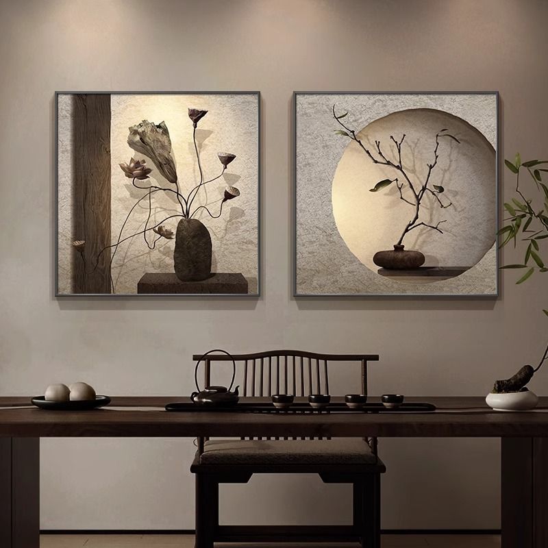 日式侘寂风餐厅装饰画正方形禅意高级感饭厅挂画茶室布置客厅壁画图片