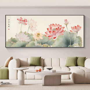 新中式荷花挂画横版茶室客厅沙发背景墙装饰画高级感莲花晶瓷壁画