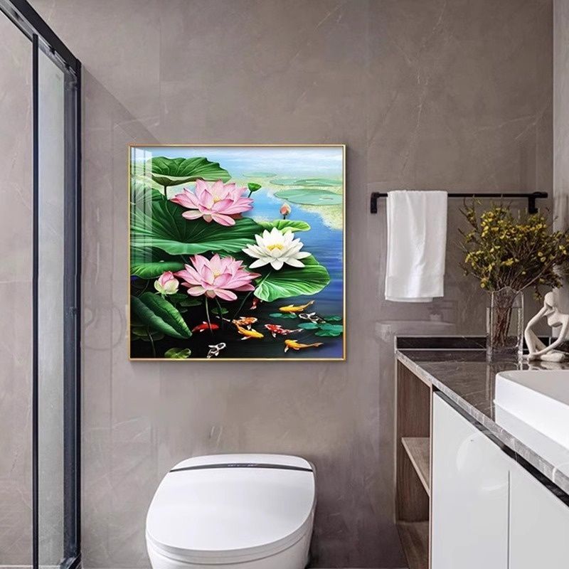 荷花鲤鱼图卫生间装饰画防水浴室洗手间壁画新中式莲画挂画图片