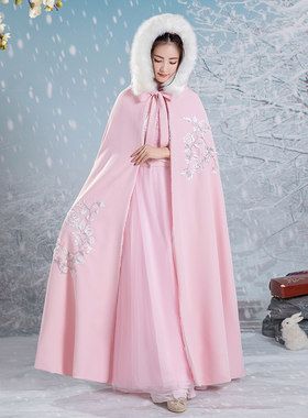古装汉服披风中国风加绒加厚冬款长款披肩毛领斗篷女秋冬保暖外套