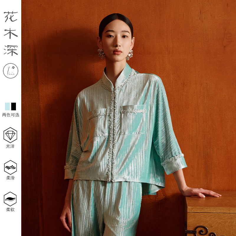 醋酸国风丝绒七分袖小香风开衫