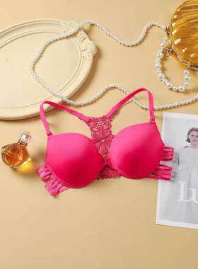 宝蓝色蝴蝶结细带收副乳性感聚拢不起球美背前开扣少女内衣文胸罩