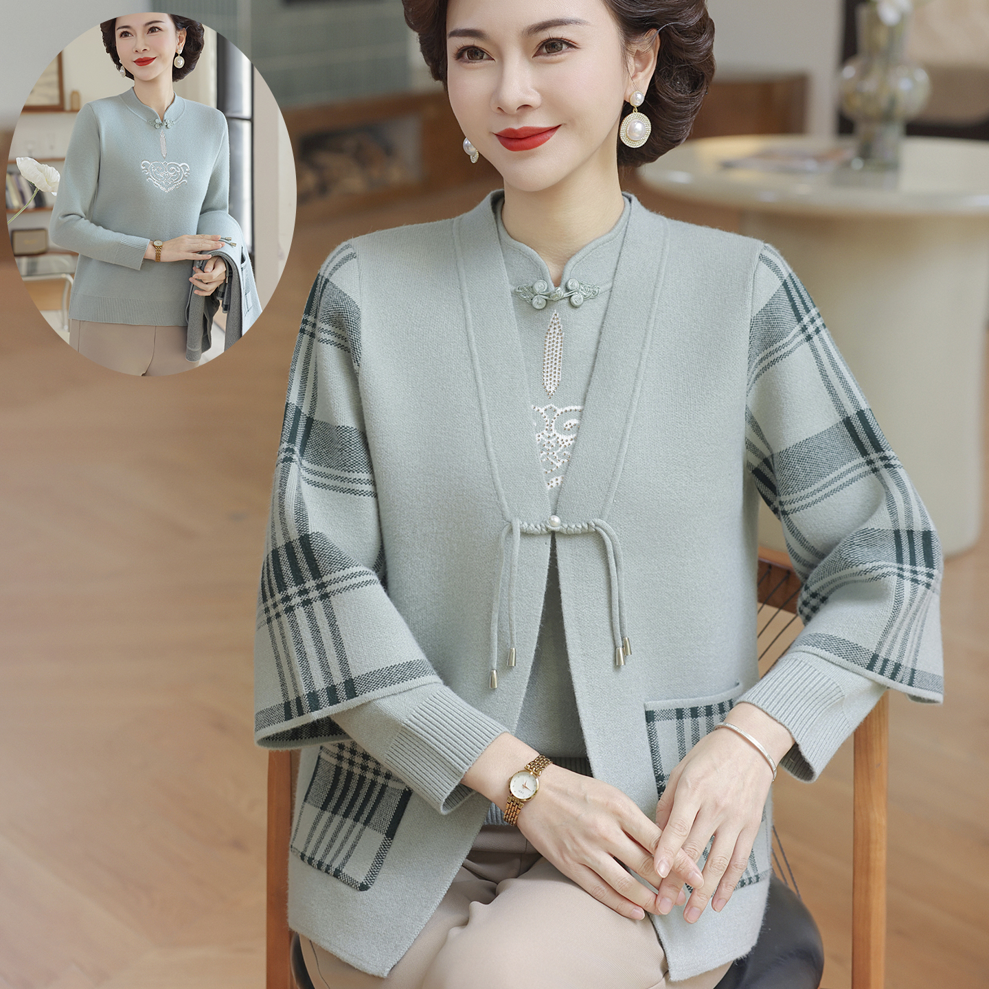 新中式妈妈秋装两件套针织衫上衣
