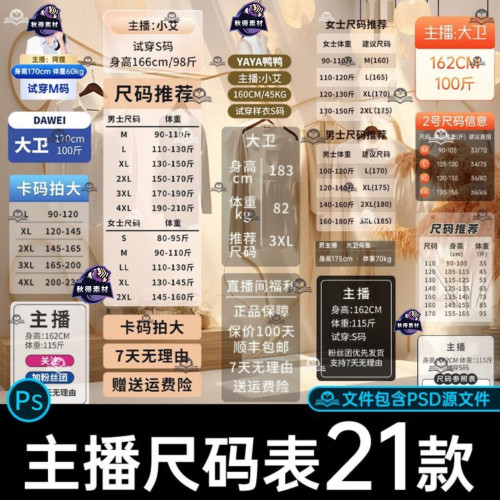 电商服装直播间尺码表侧边贴片素材 模特主播信息身高体重贴片PSD