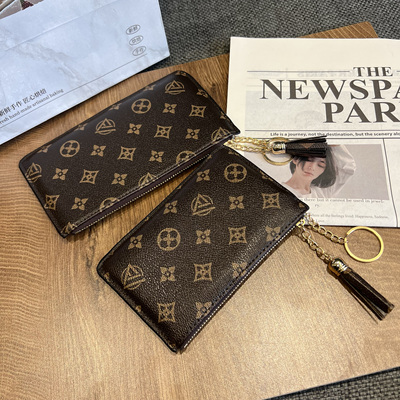 2025新款女士超薄零钱包韩版多卡位中长款手拿包老花纹拉链卡包