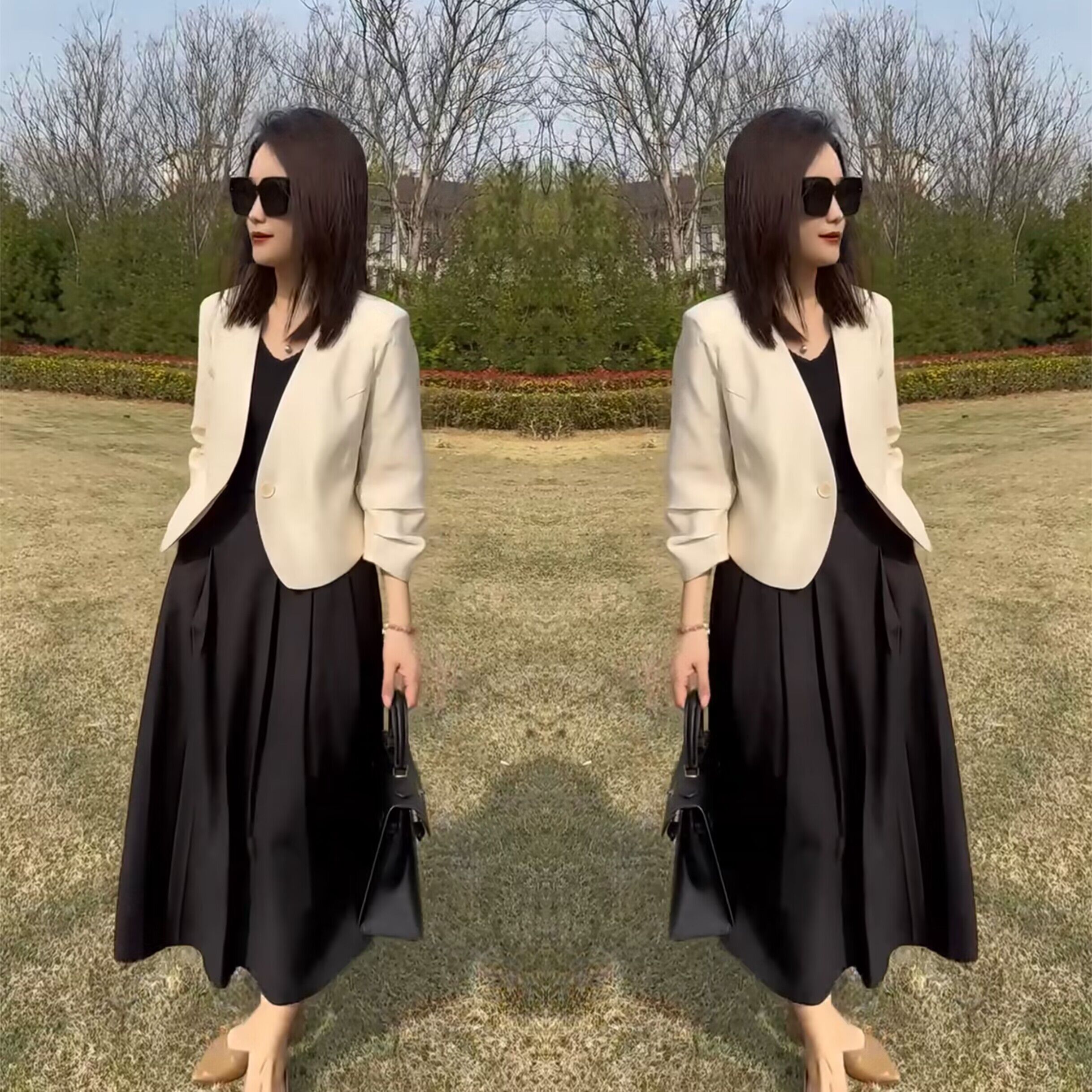 洋气时尚纯色短款外套半身裙潮