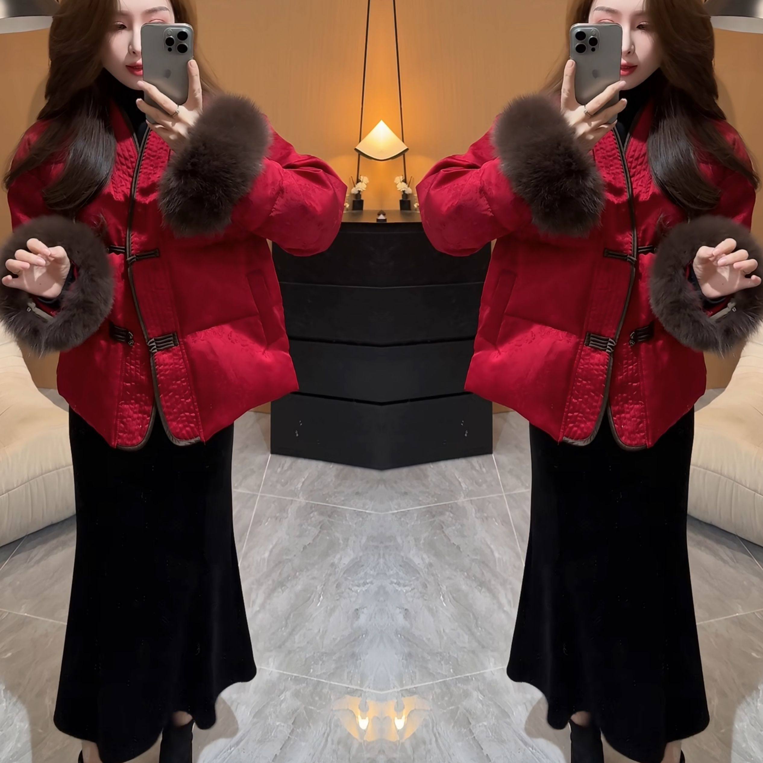 新中式国风洋气复古高级感减龄毛毛袖提花盘扣外套搭配丝绒鱼尾裙,女装/女士精品,时尚套装,淘宝优惠券,粉丝福利购,淘宝优惠卷