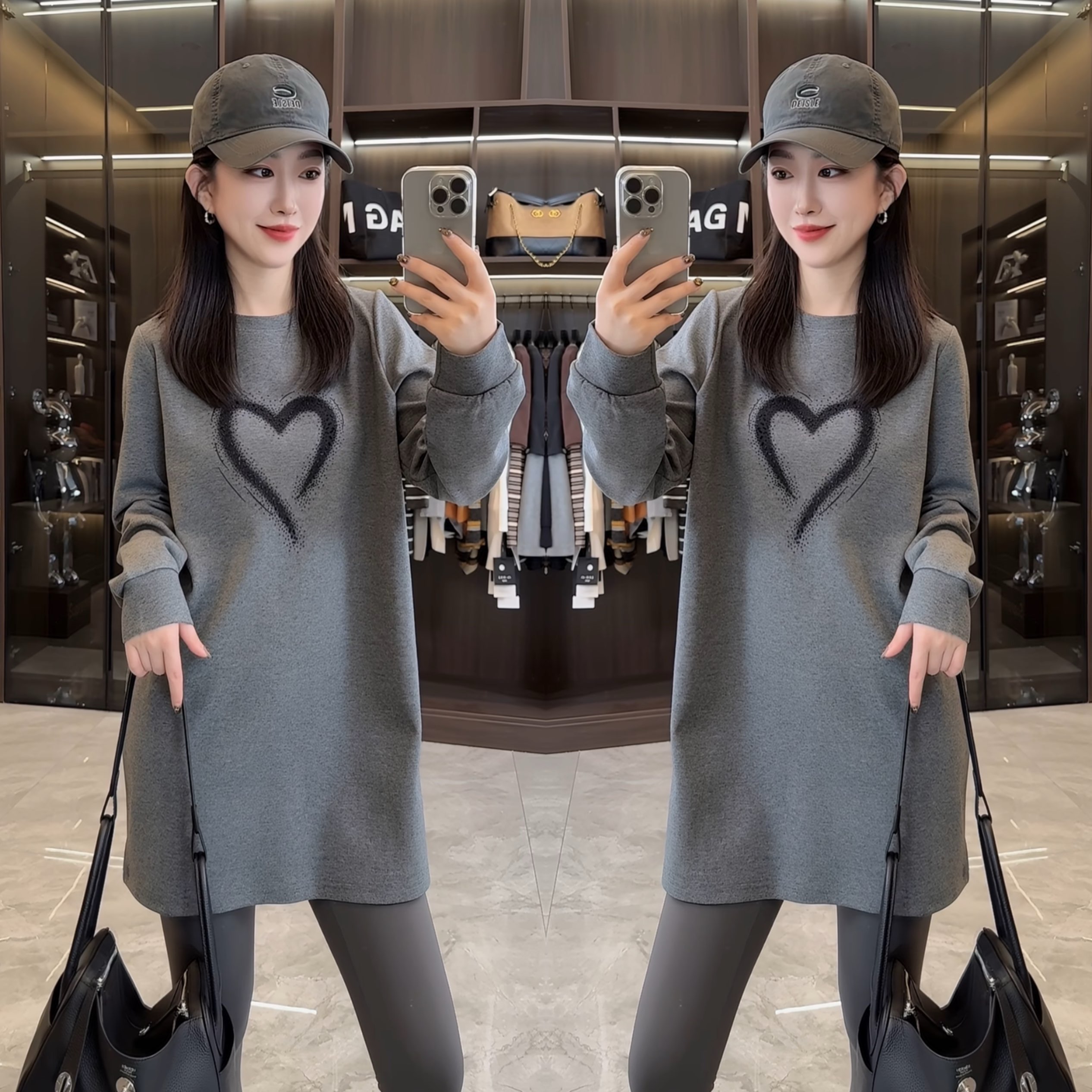 灰色爱心设计中长款长袖卫衣女