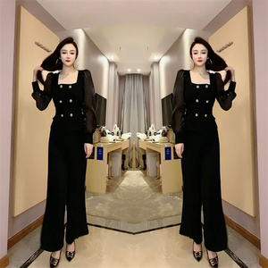 女神抖音网红爆款2022年早秋新款时尚气质百搭显瘦长袖上衣阔腿裤