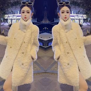 网红爆款韩系法式减龄羊羔毛双排扣中长款立领保暖女士显瘦外套潮