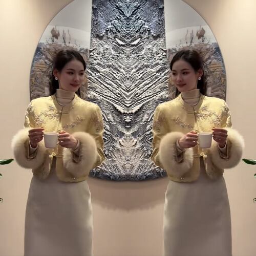 减龄短款重工提花毛毛袖外套裙子