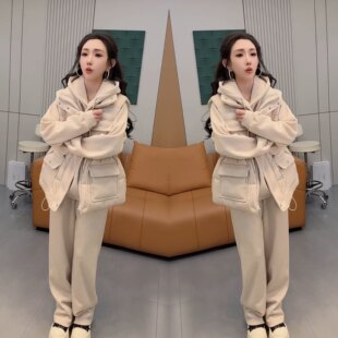 2025冬季新款洋气简约韩版保暖气质女士三件套连帽卫衣马甲休闲裤