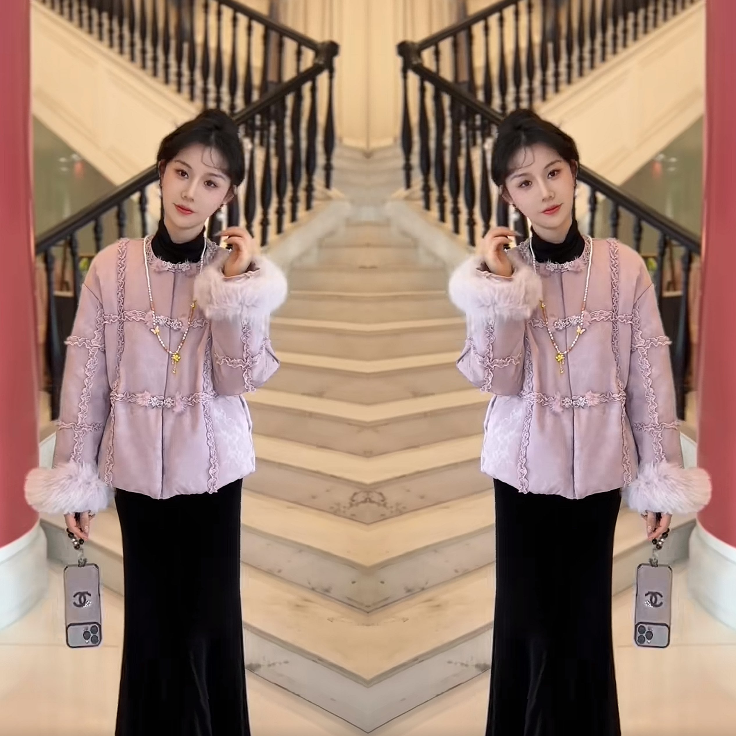 毛毛袖子浅紫色花边温柔棉服外套