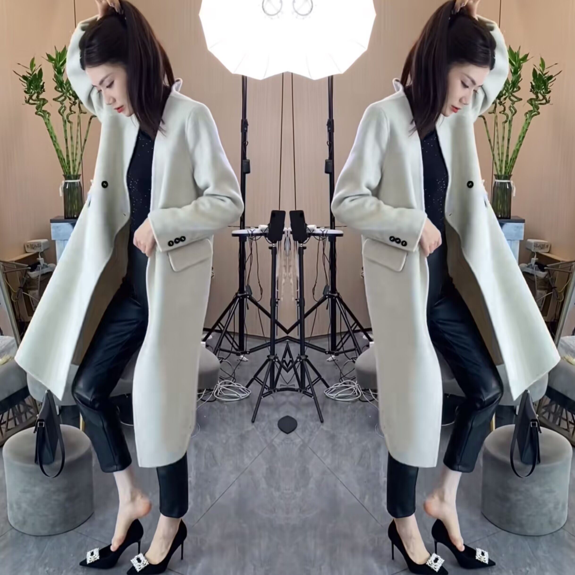 纯色中长款气质一粒扣大衣外套