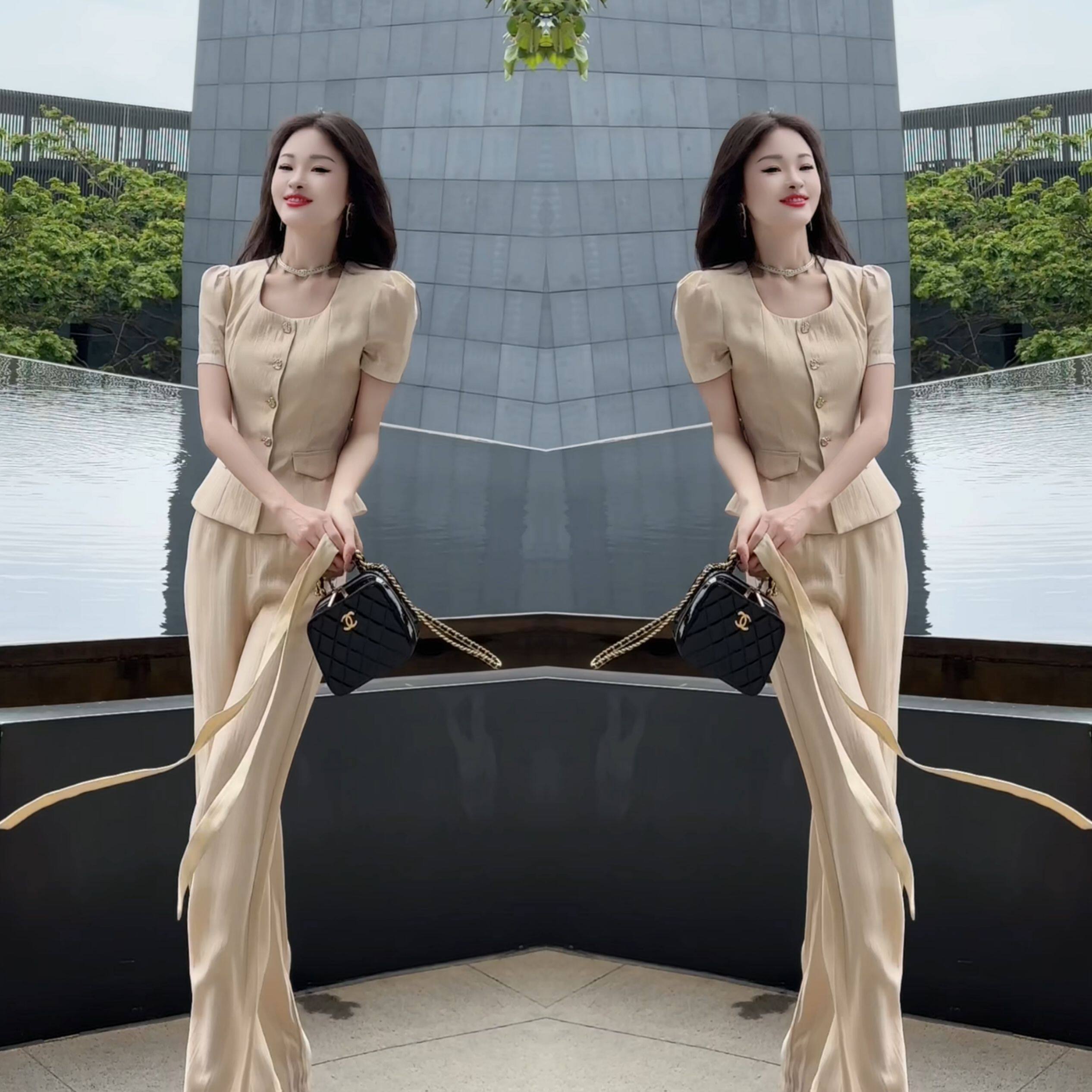 轻奢气质夏季新款女神范洋气减龄时髦修身方领单排扣上衣搭配裤子