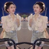 洋气减龄时尚 法式 女神泡泡袖 欧洲站网红爆款 重工衬衫 新款 长袖 夏季