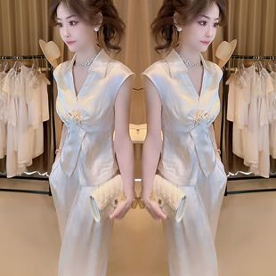 轻奢高级感夏季 新款 女神范洋气优雅纯色砍袖 两件套上衣搭配阔腿裤