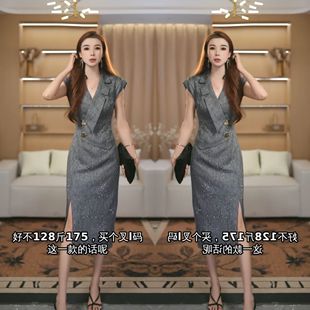 高级感女神范轻奢气质夏季 拼接设计感开叉连衣裙 新款 时髦洋气长款