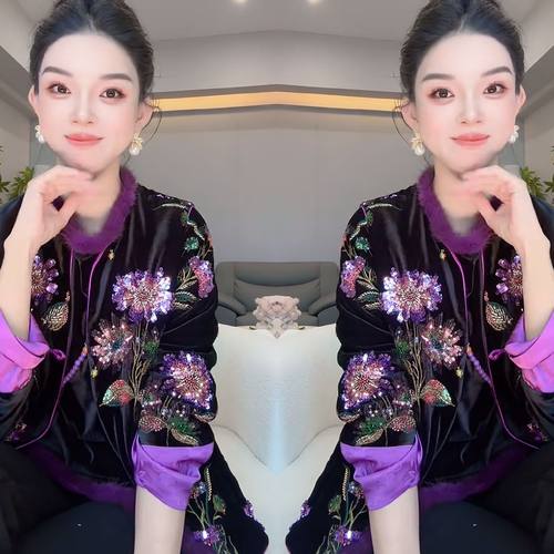 时髦重工紫色丝绒打底衫+外套