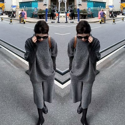 灰色洋气时髦两件套毛呢上衣裤子