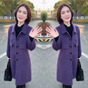 抖音轻熟风紫色优雅高端中长款 百搭洋气毛呢显瘦气质女士大衣外套
