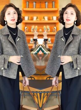 欧洲站高级感网红爆款减龄时髦灰色毛呢短款长袖百搭女士显瘦外套