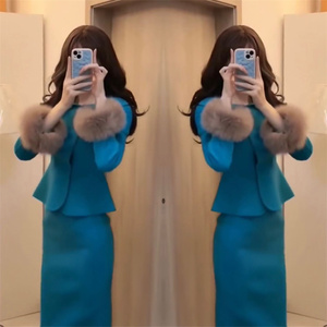 女神网红爆款2022年冬季新款洋气百搭修身长袖毛呢上衣高腰半身裙