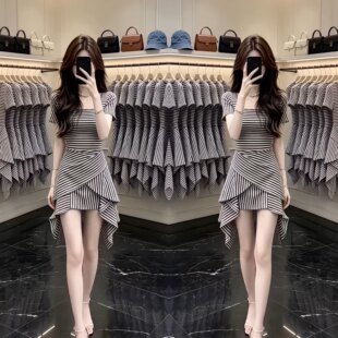 高级感韩版夏季新款女神范减龄条纹设计感法式不规则修身连衣裙潮