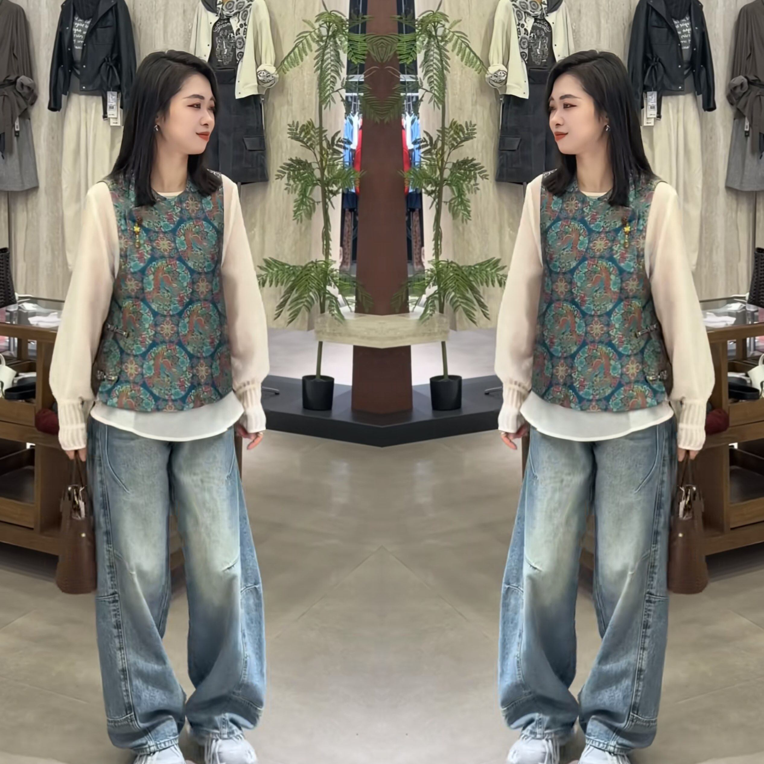欧货女装时尚复古减龄新中式洋气优雅重工提花马甲打底衫牛仔裤子