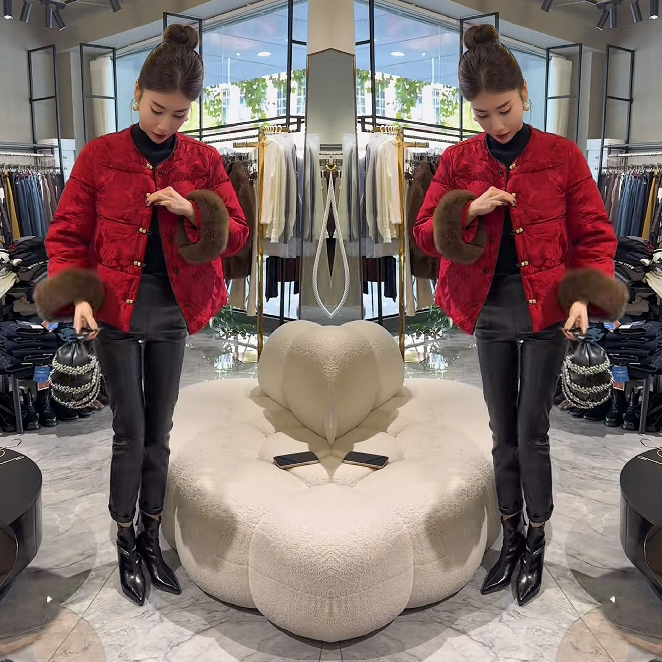 新中式复古优雅高级感贵气提花显瘦毛毛袖棉服外套搭配皮裤小脚裤,女装/女士精品,上衣,淘宝优惠券,粉丝福利购,淘宝优惠卷